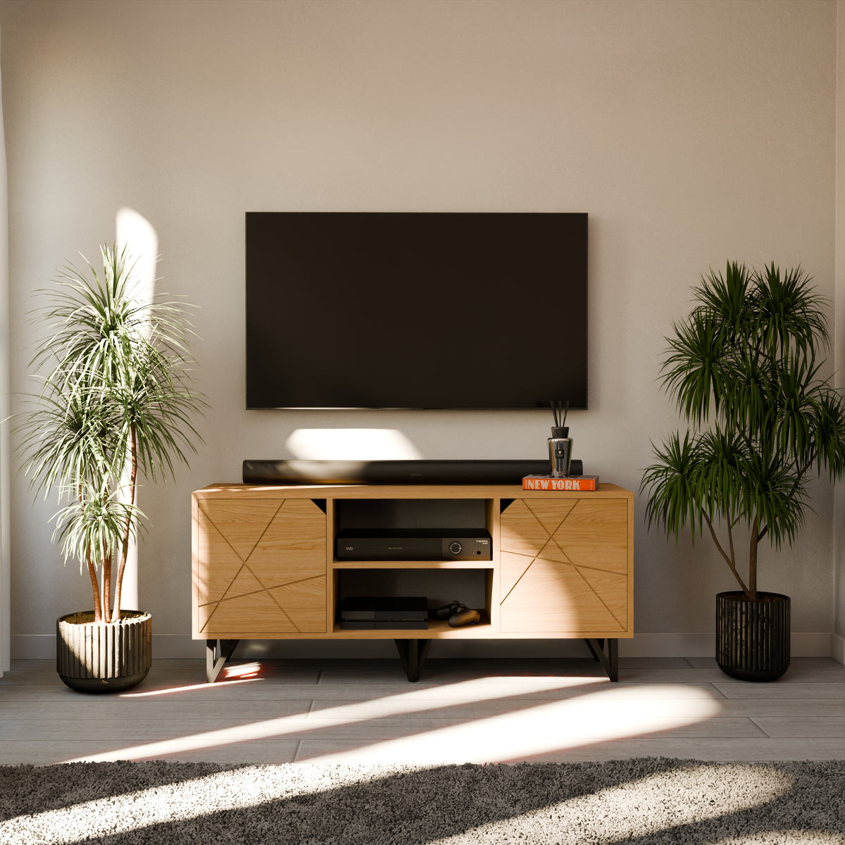 Meuble TV Bois – 2 Portes & Niche Centrale – Noir