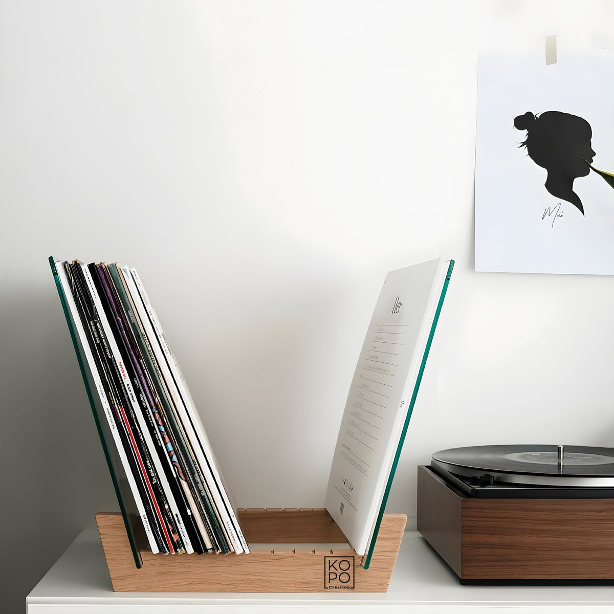 support pour vinyle 33T en chêne massif et verre trempé - Fabrication Française