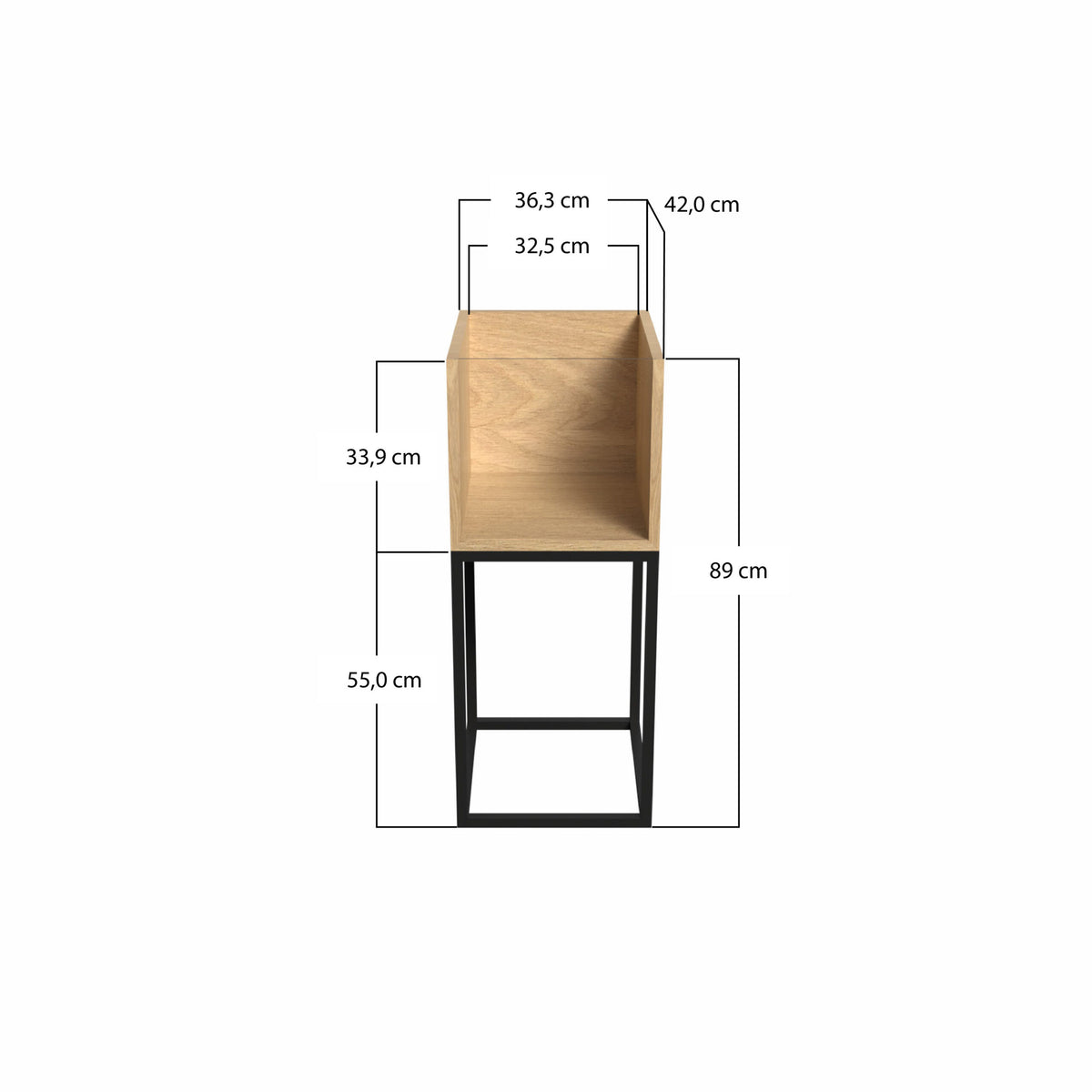 Meuble compact disquaire 1 bac en chêne massif avec pieds en acier fin 20 x 20 mm