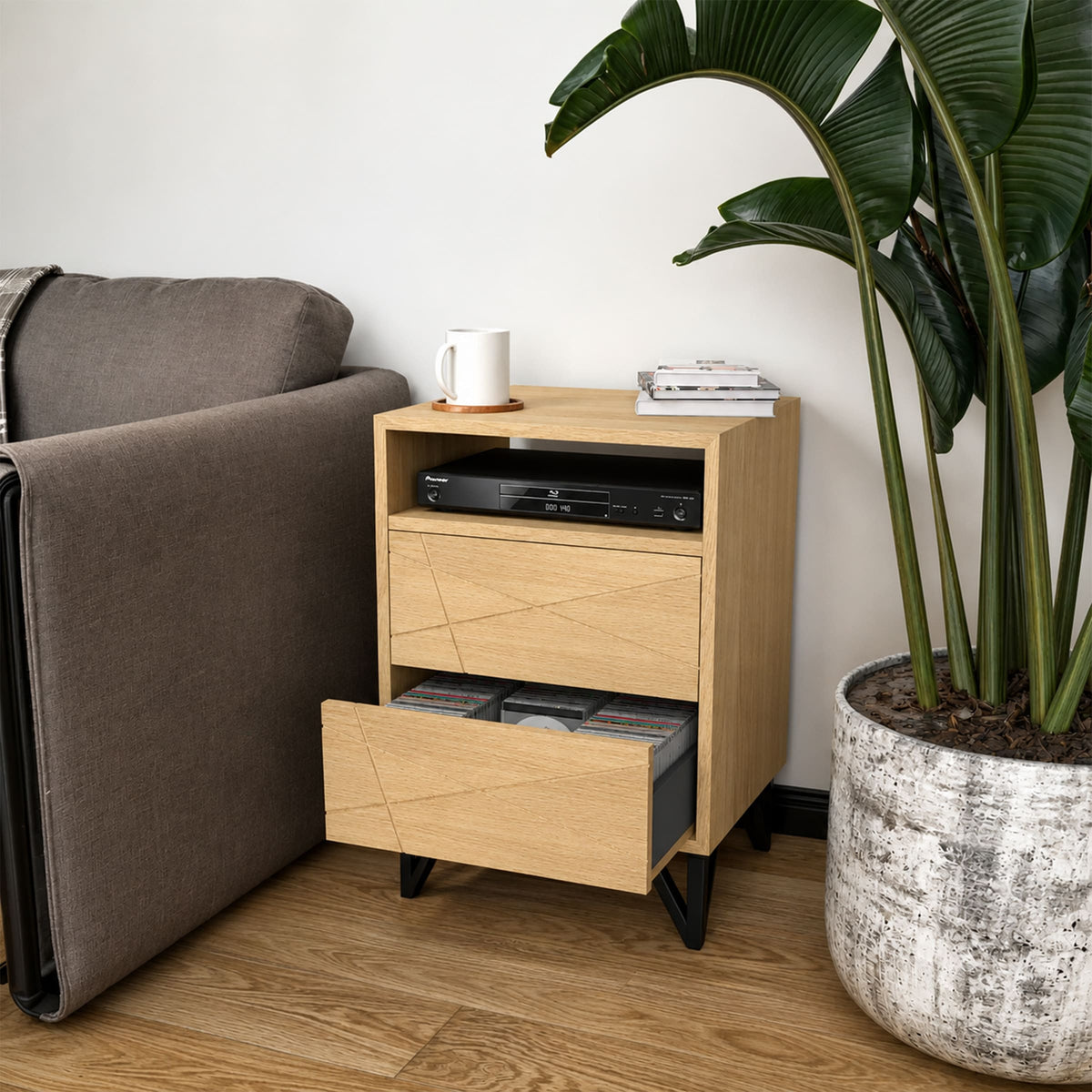 meuble range CD en bois et acier avec tiroir 50 cm pour petit espace