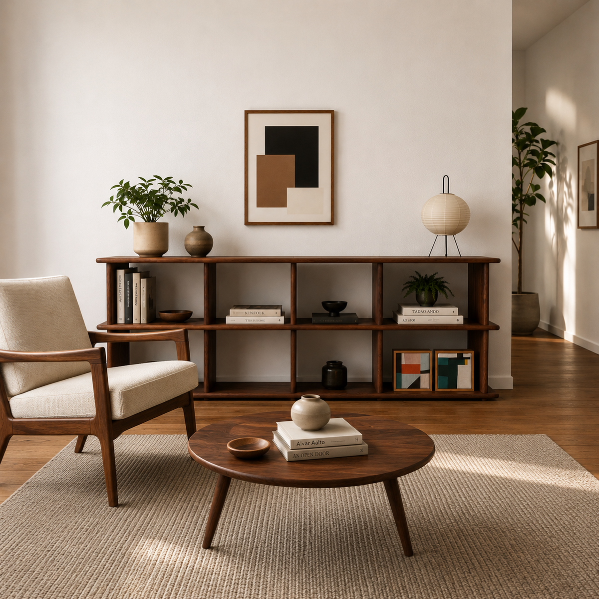 bibliothèque style vintage teinte noyer dans un intérieur style mid century