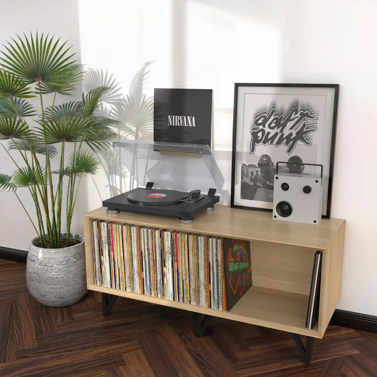 Console basse pour vinyle en chêne massif – mobilier audio artisanal KOPO CRÉATION