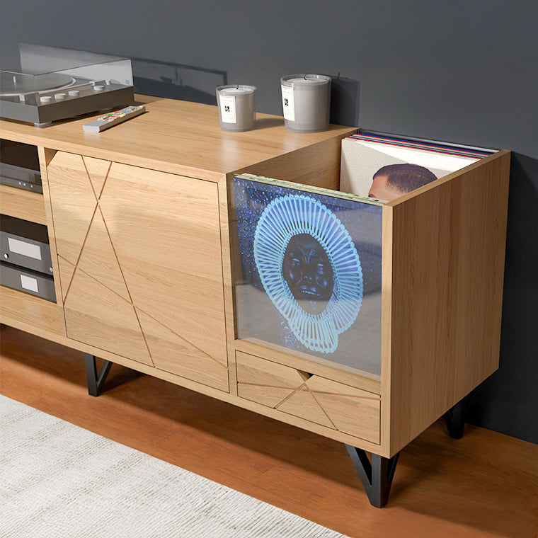 Meuble TV/Vinyle 160 cm, rangement pratique et esthétique pour 200 vinyles et appareils audio/vidéo