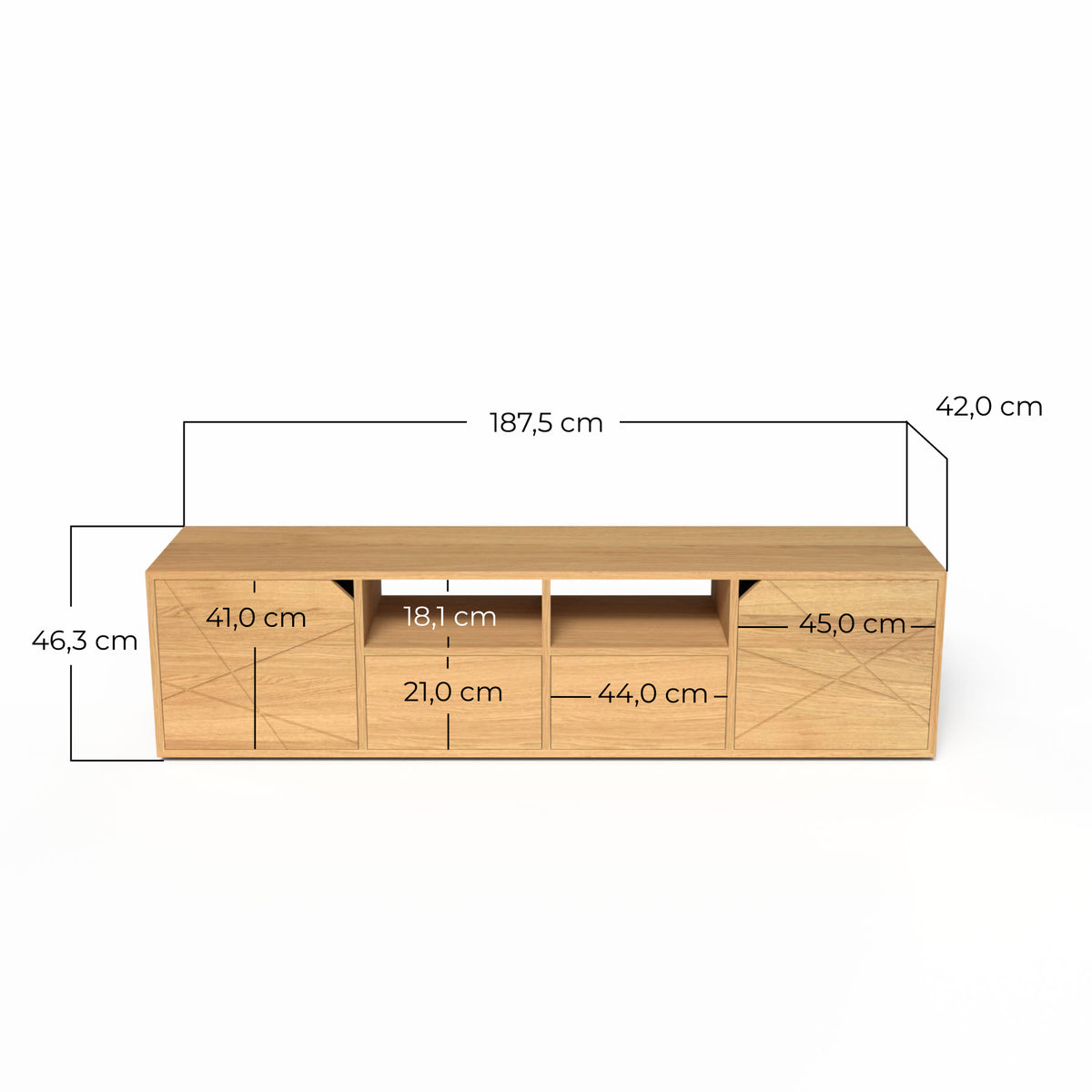 Plan technique du meuble bas (type buffet/banc TV) avec ses dimensions. Largeur de 187,5 cm, hauteur de 46,3 cm et profondeur de 42 cm. Les façades des tiroirs et portes présentent un motif géométrique gravé avec des dimensions de 41 cm et 45 cm.