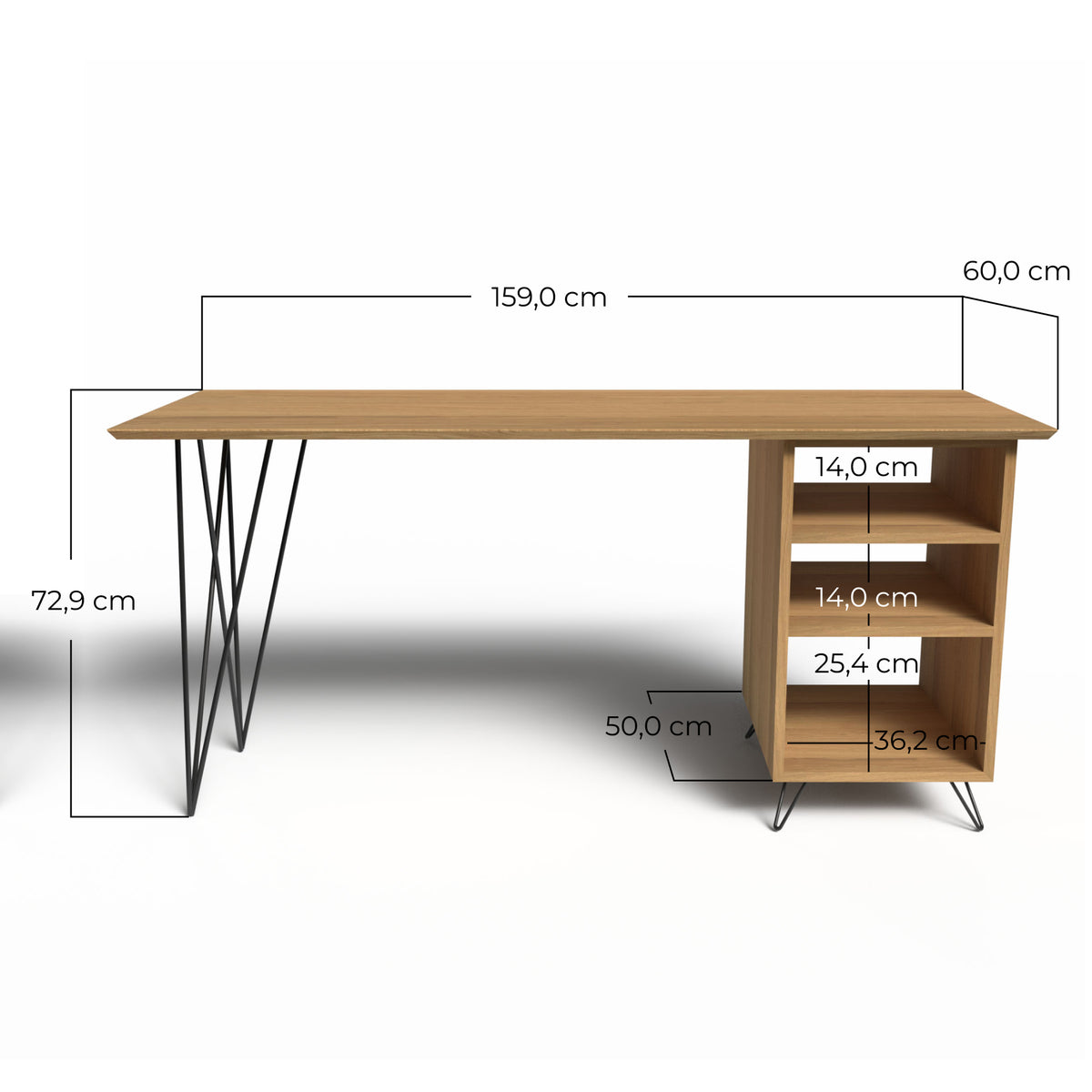 dimension bureau en chêne massif 160 cm avec rangement d'un côté et pied métallique