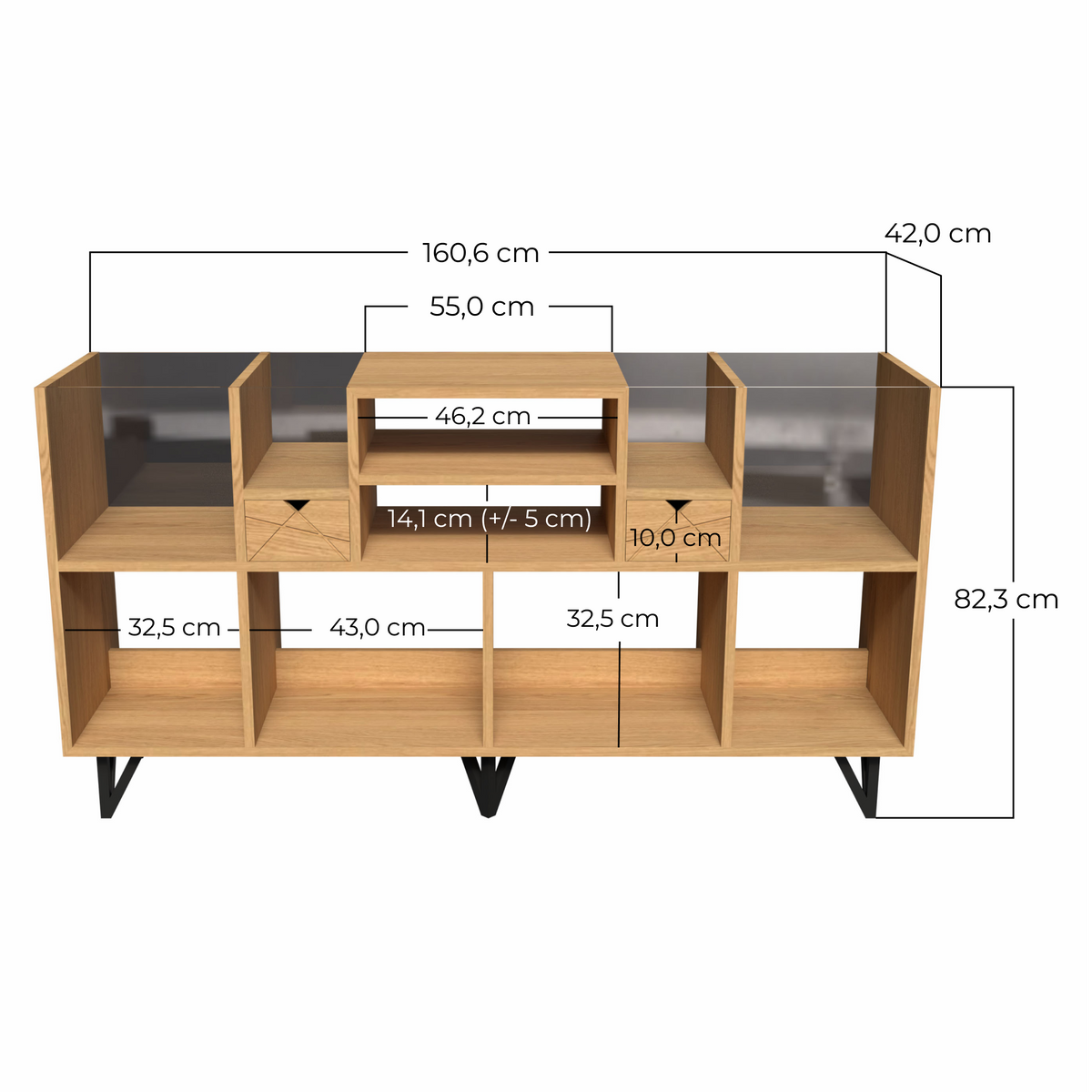 dimension grand meuble vinyle 33T et 45T en chêne massif et acier