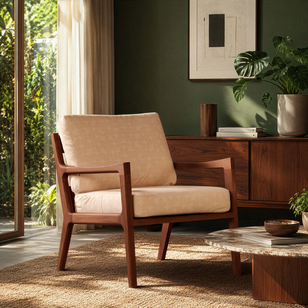 fauteuil bois foncé, style année 50 coussin déhoussable