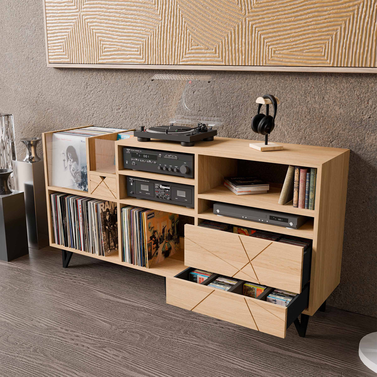 Meuble son en chêne massif avec rangement vinyles, CD et K7 – KOPO Création