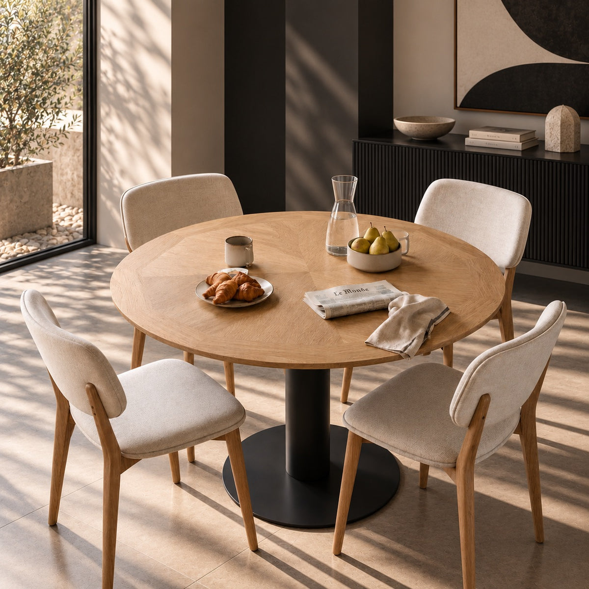 Dimensions de la table ronde Ø110 cm à pied central noir : hauteur 74 cm, plateau 30 mm, base du pied Ø60 cm