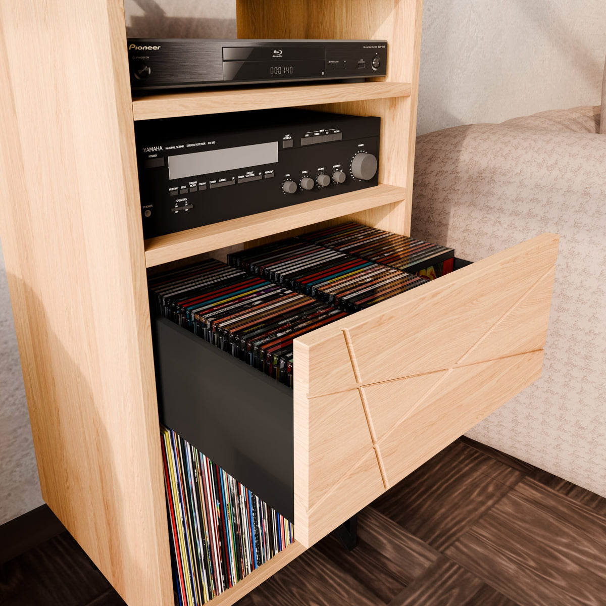 détail tiroir CD ouvert avec séparateur de collection 