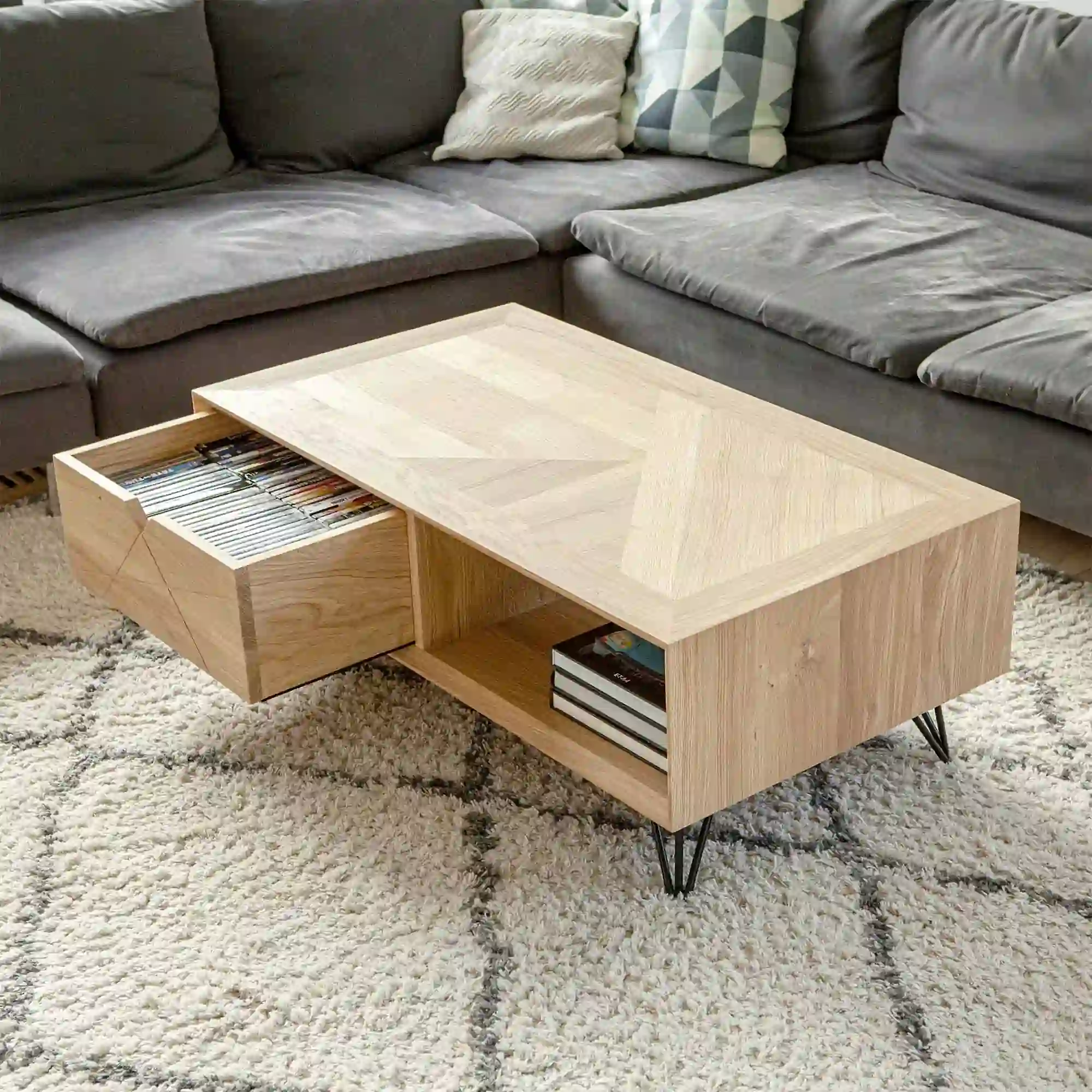 Table basse rectangulaire en bois massif et pied métal noir sur mesure Lille par KOPO CRÉATION