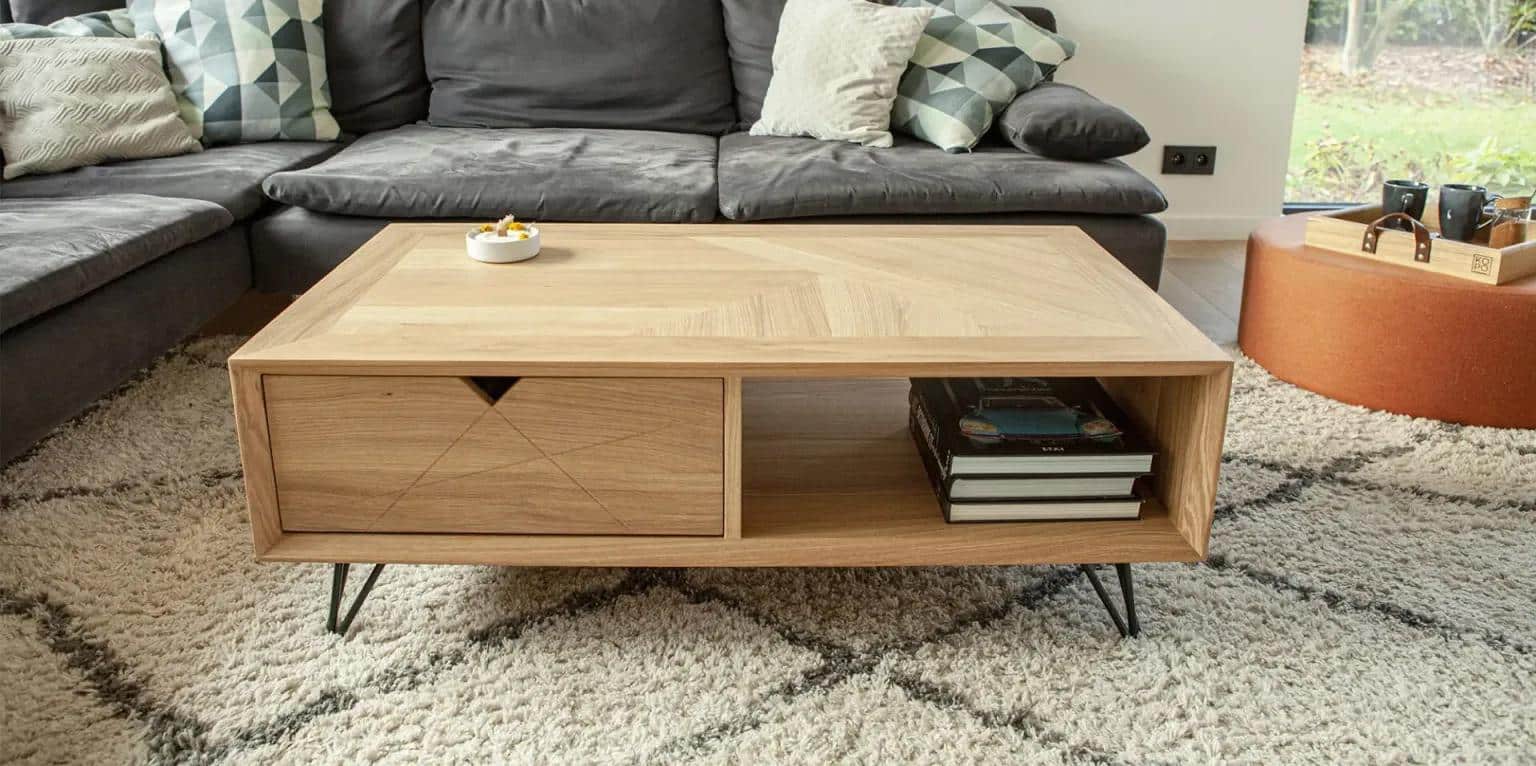 Table Basse Avec Tiroir - Bois Massif Et Métal | Kopo Création