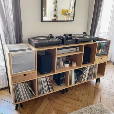 grand meuble vinyle pour DJ platine et table de mixage