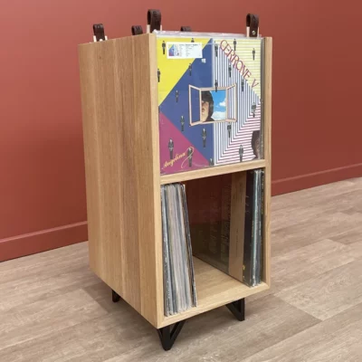 tour de rangement pour disque vinyles 33 tours en chêne massif et acier