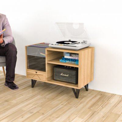 petit meuble tv et vinyle en bois de chêne et acier