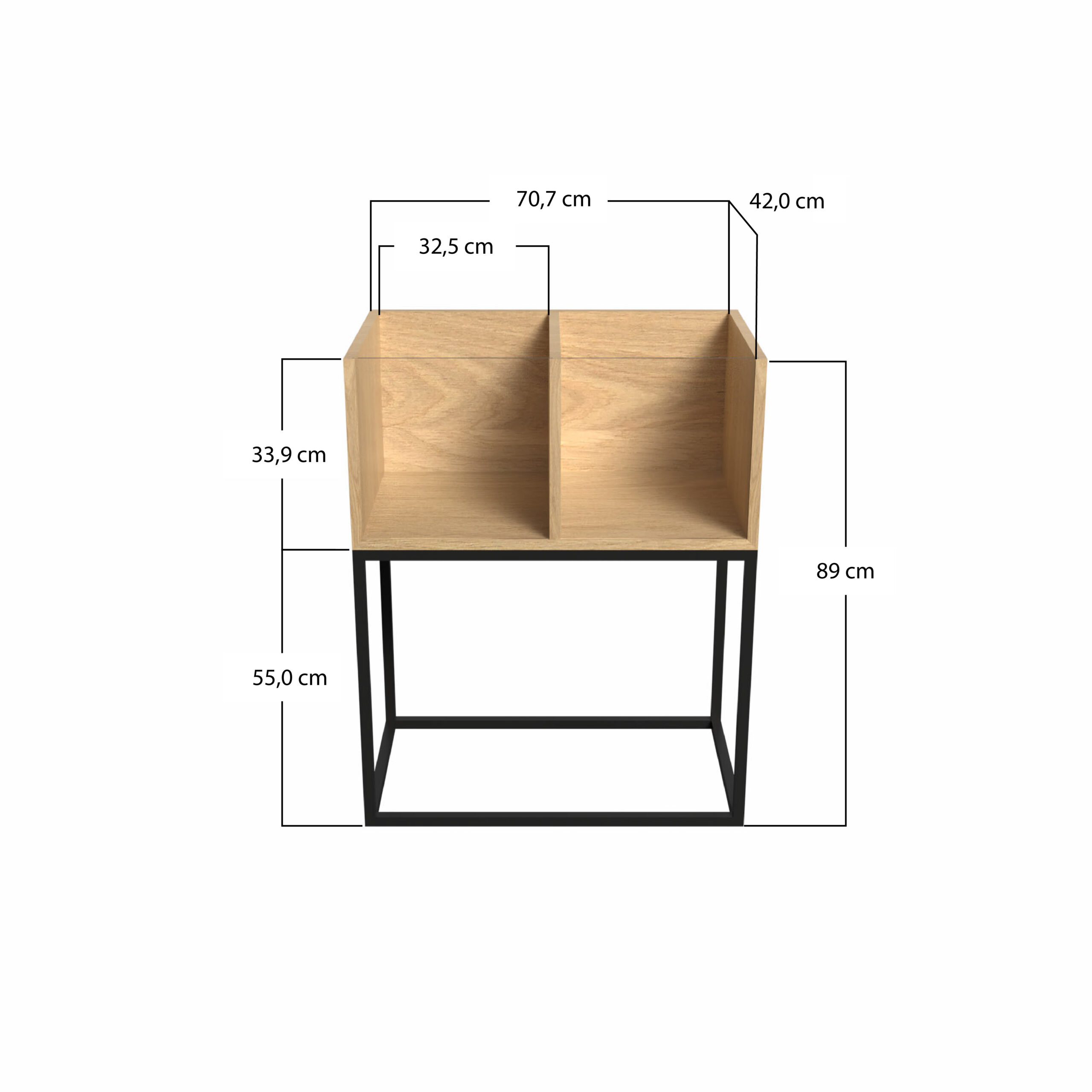 bac-disquaire-2bacs-70cm-dimensions Meuble compact disquaire professionnel 2 bacs en chêne massif avec pieds en acier fin 20 x 20 mm