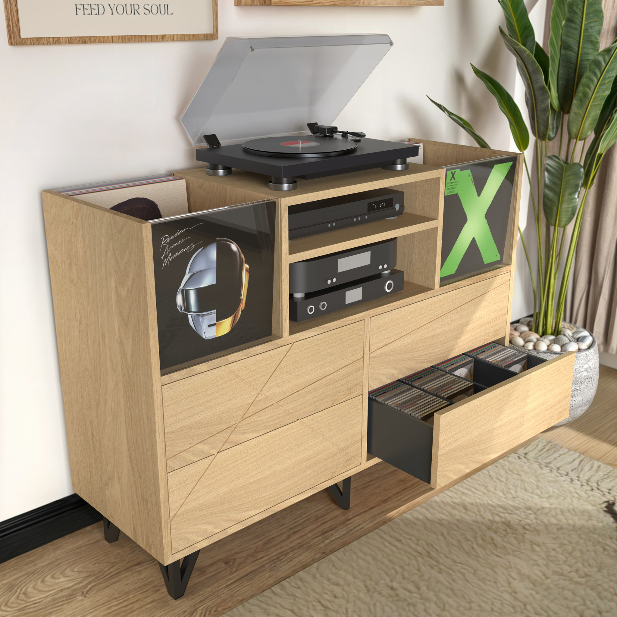 meuble-400cds-200-vinyles-profil Mobilier audio avec niche centrale et tiroirs "Push to Open"