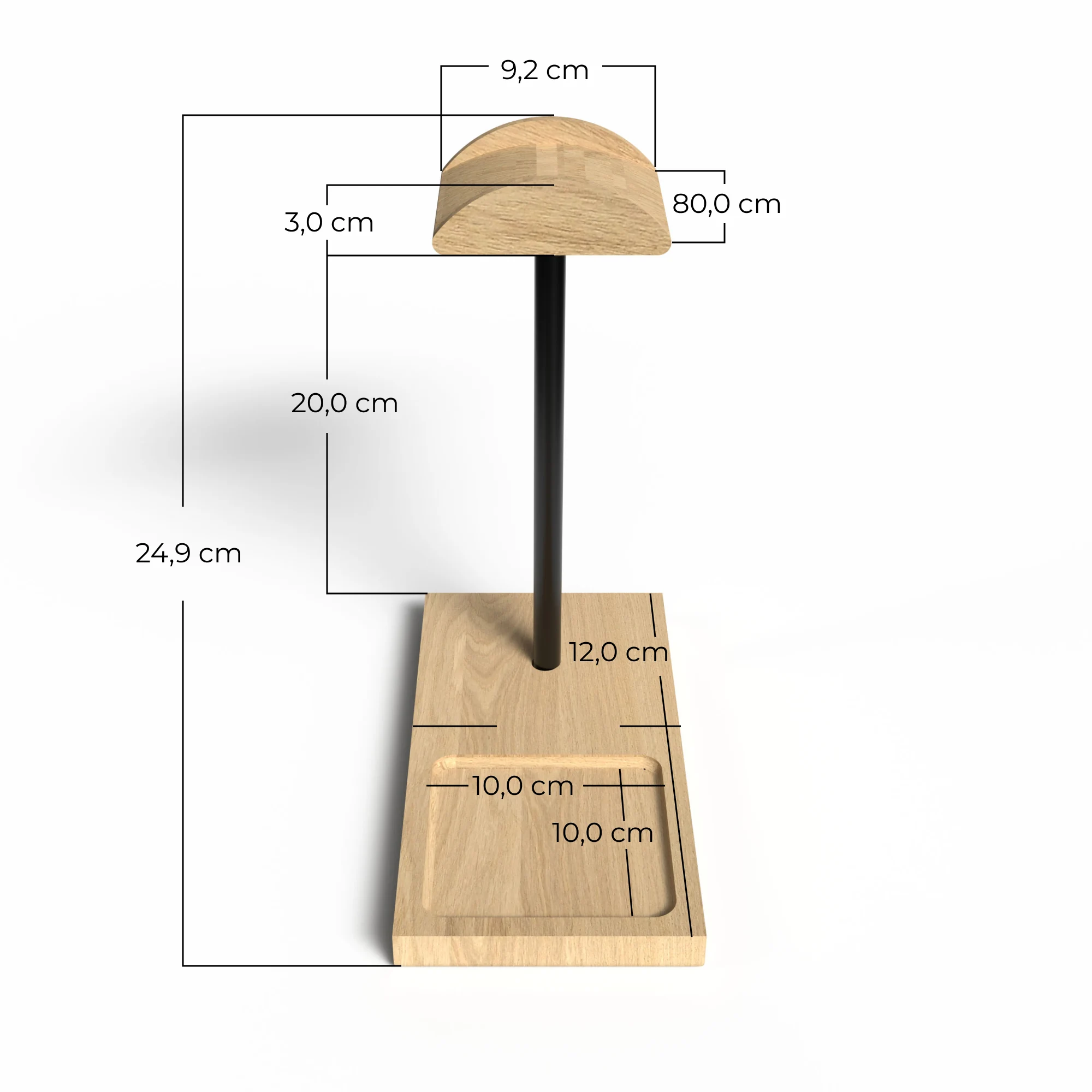 dimension de notre porte casque audio en bois et acier avec vide-poche pour un bureau bien ordonné
