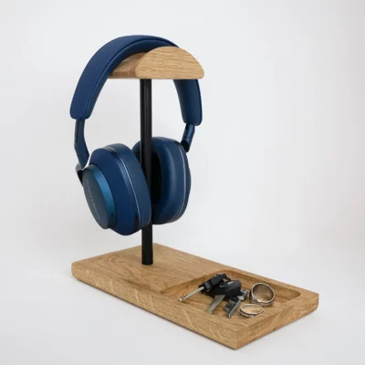 Porte casque audio en bois et acier avec vide-poche intégré