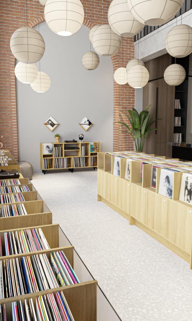 Meubles vinyles professionnels sur mesure pour disquaire – Comptoirs et rangements à vinyles en bois Kopo Création, conçus pour l’agencement et l’optimisation des magasins de disques.