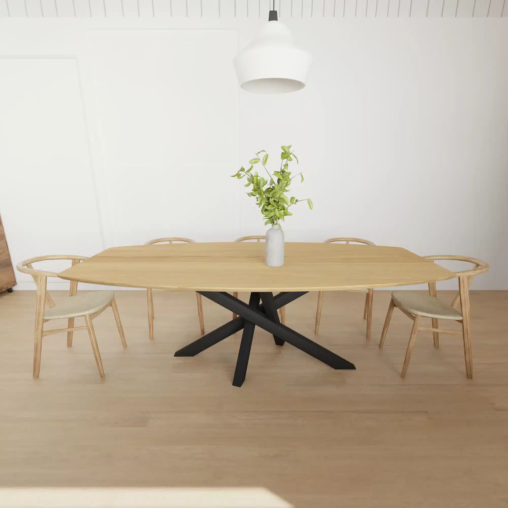 table_ellipse_bois_12_personnes_salle_a_manger_kopo_creation Table elliptique en chêne massif avec extrémités mouchées fabriquée par KOPO