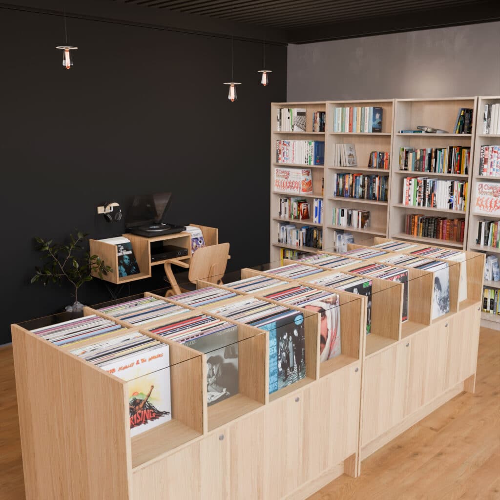 Meuble médiathèque en bois sur-mesure pour rangement de vinyles et livres dans un espace culturel