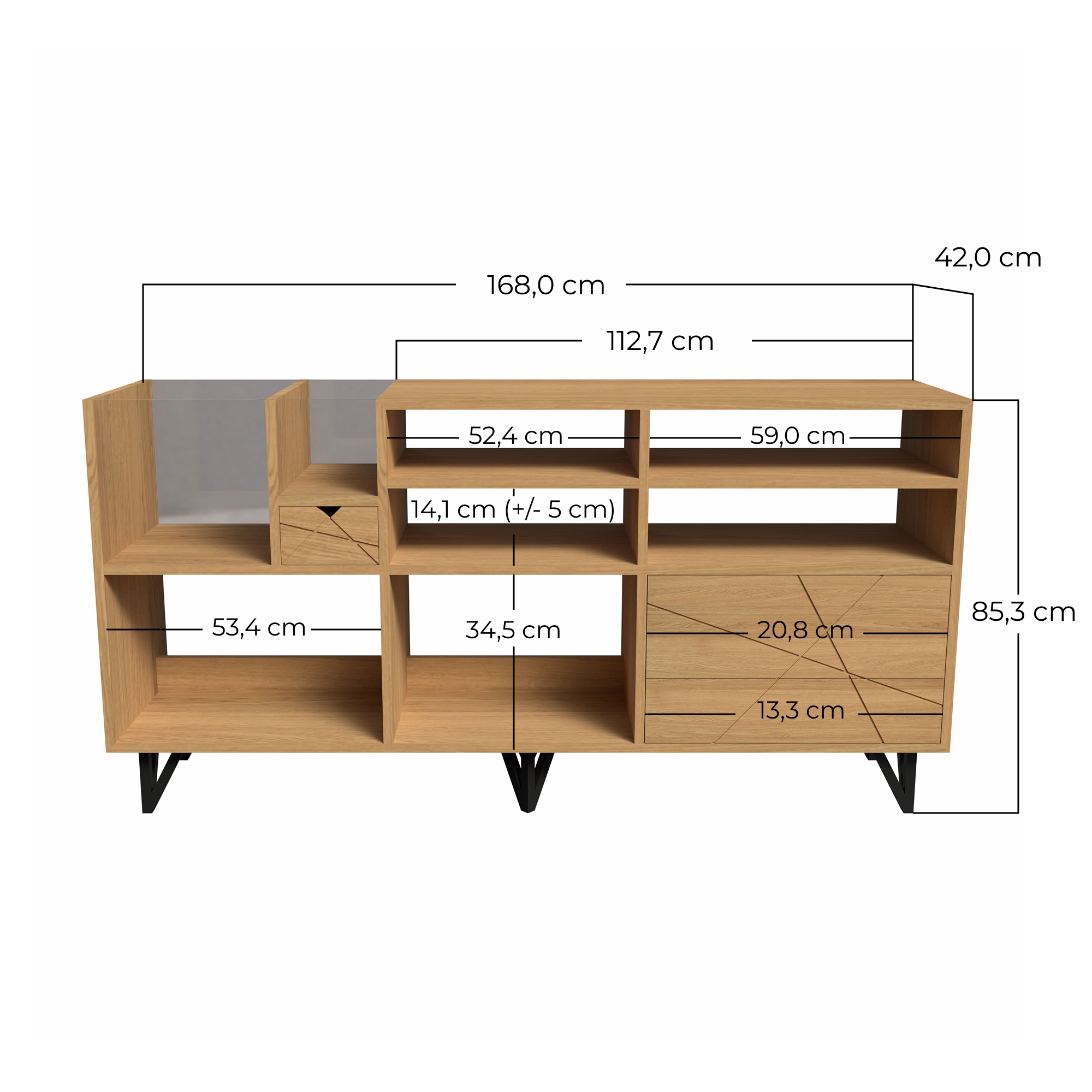 dimension_meuble_son_artisanal_kopo_creation Meuble son artisanal français en bois massif avec pieds en acier noir