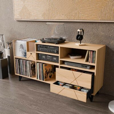 Meuble son en chêne massif avec rangement vinyles, CD et K7 – KOPO Création