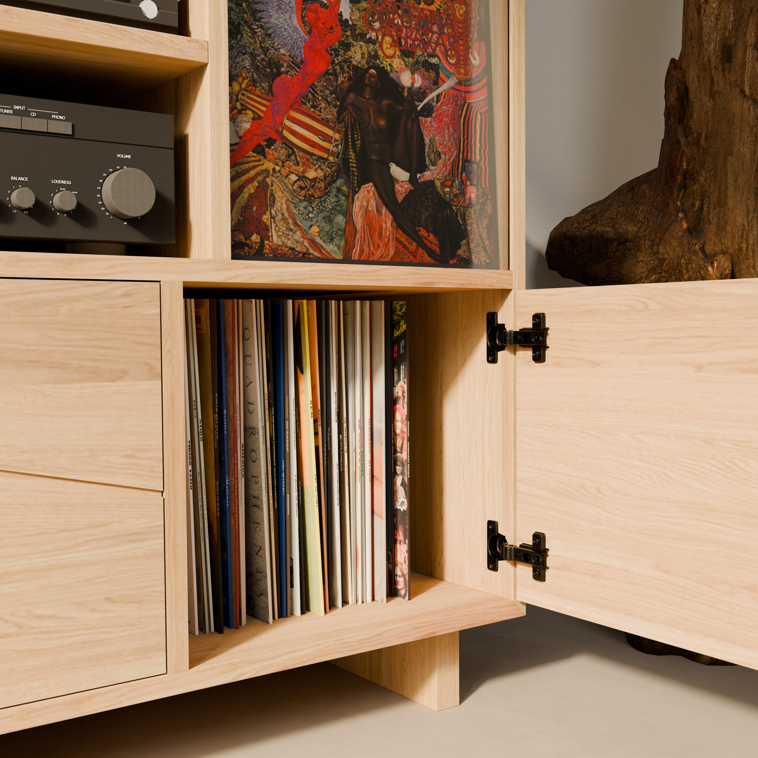 Meuble tourne disque avec portes push to open et niches fermées en partie basse