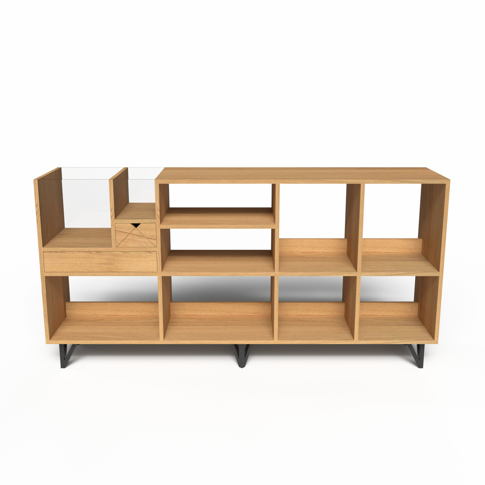 dimension Meuble console vinyle en bois vide avec bac de présentation vitré et tiroir de rangement.