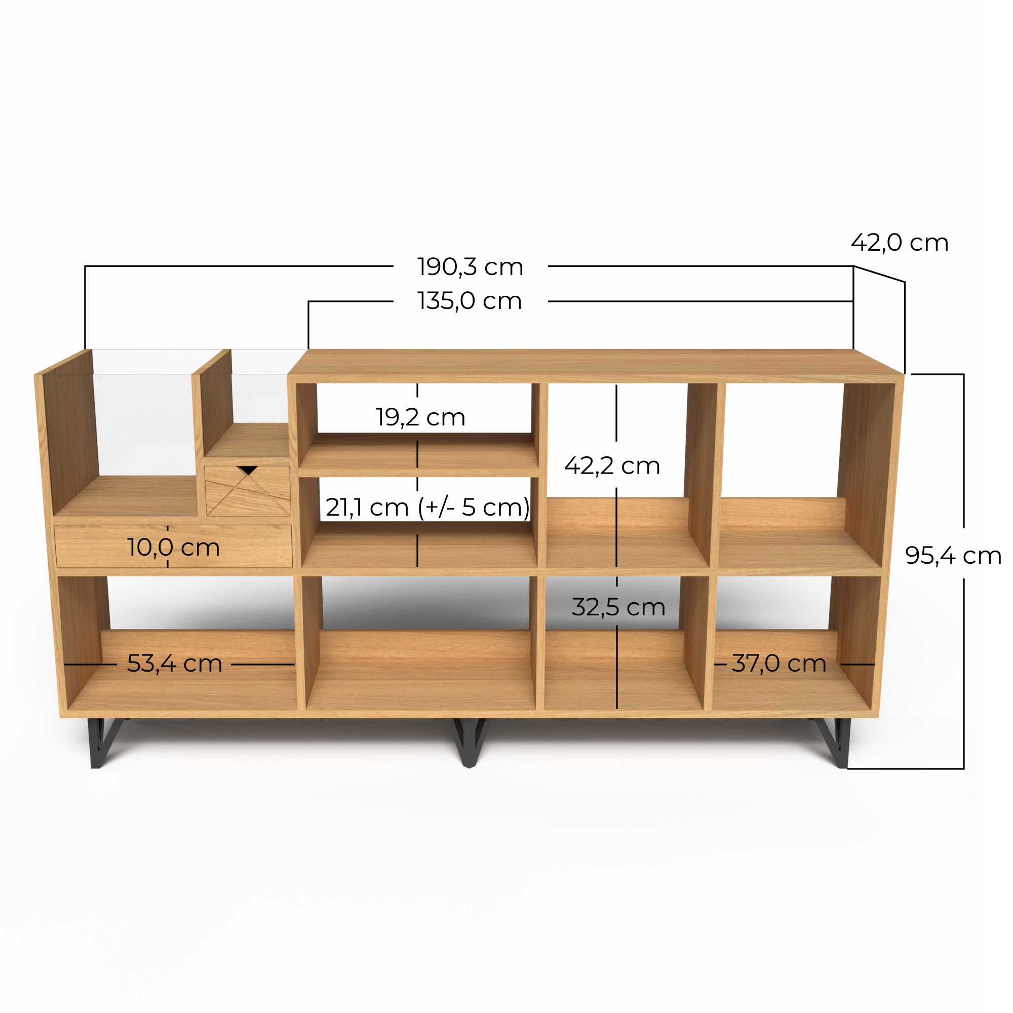 dimension Schéma des dimensions meuble disquaire 190cm : hauteur 95cm et profondeur 42cm.
