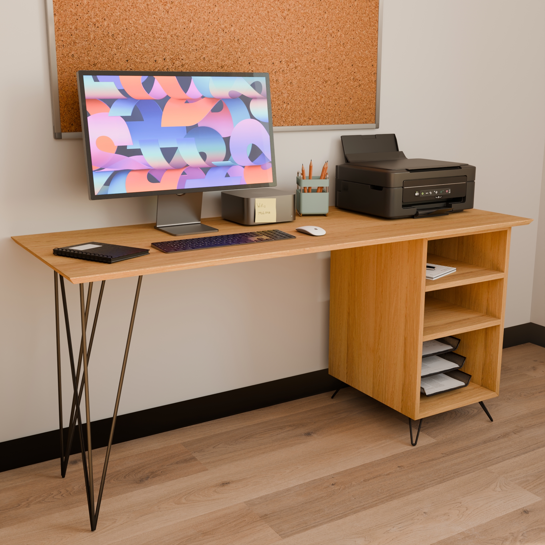 vue profil 2 Vue de face d'un bureau en bois avec un caisson de rangement ouvert à étagères sur la droite et des pieds en épingle de couleur blanche.