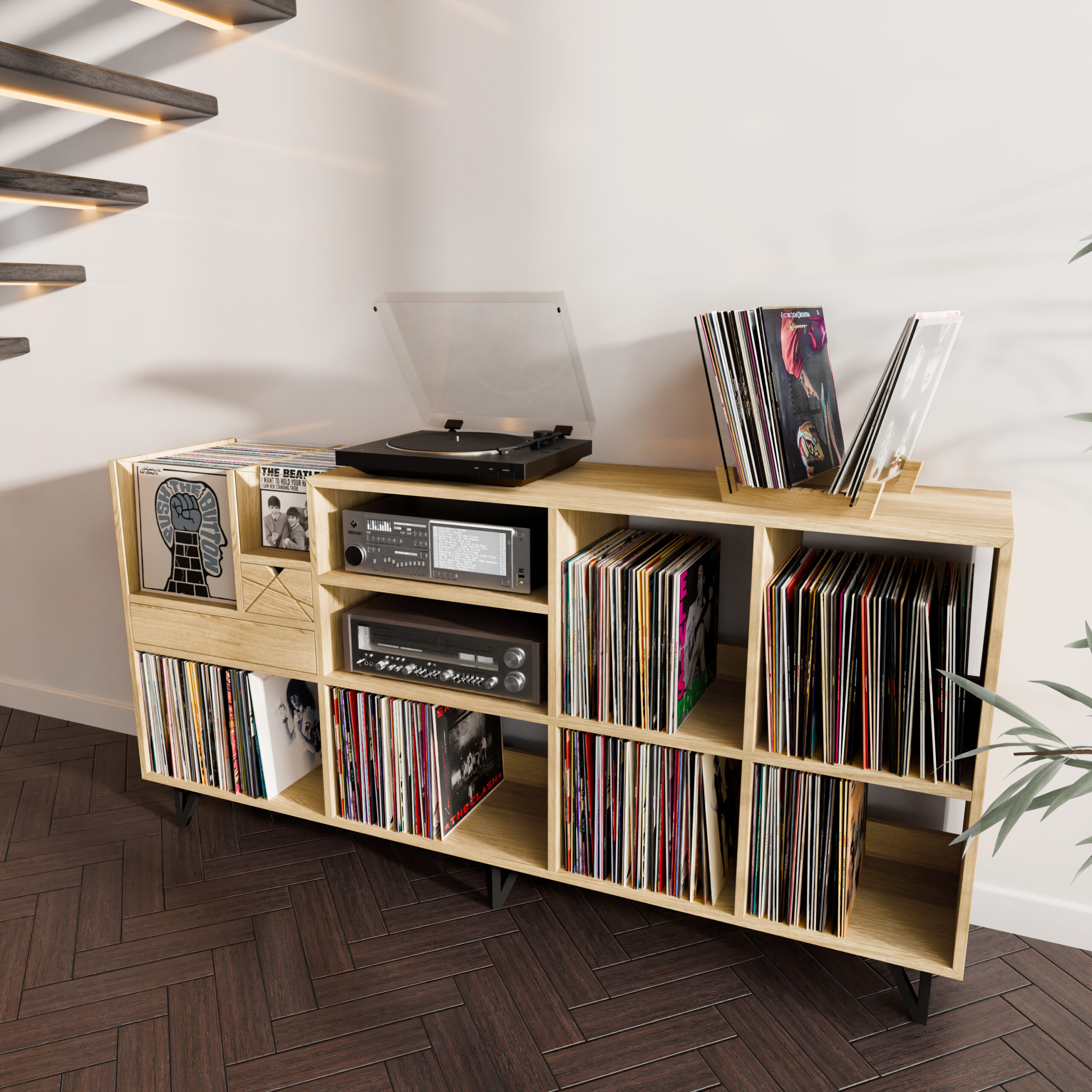 vue profil Meuble vinyle vu de profil montrant la profondeur pour platine disque et amplis vintage.