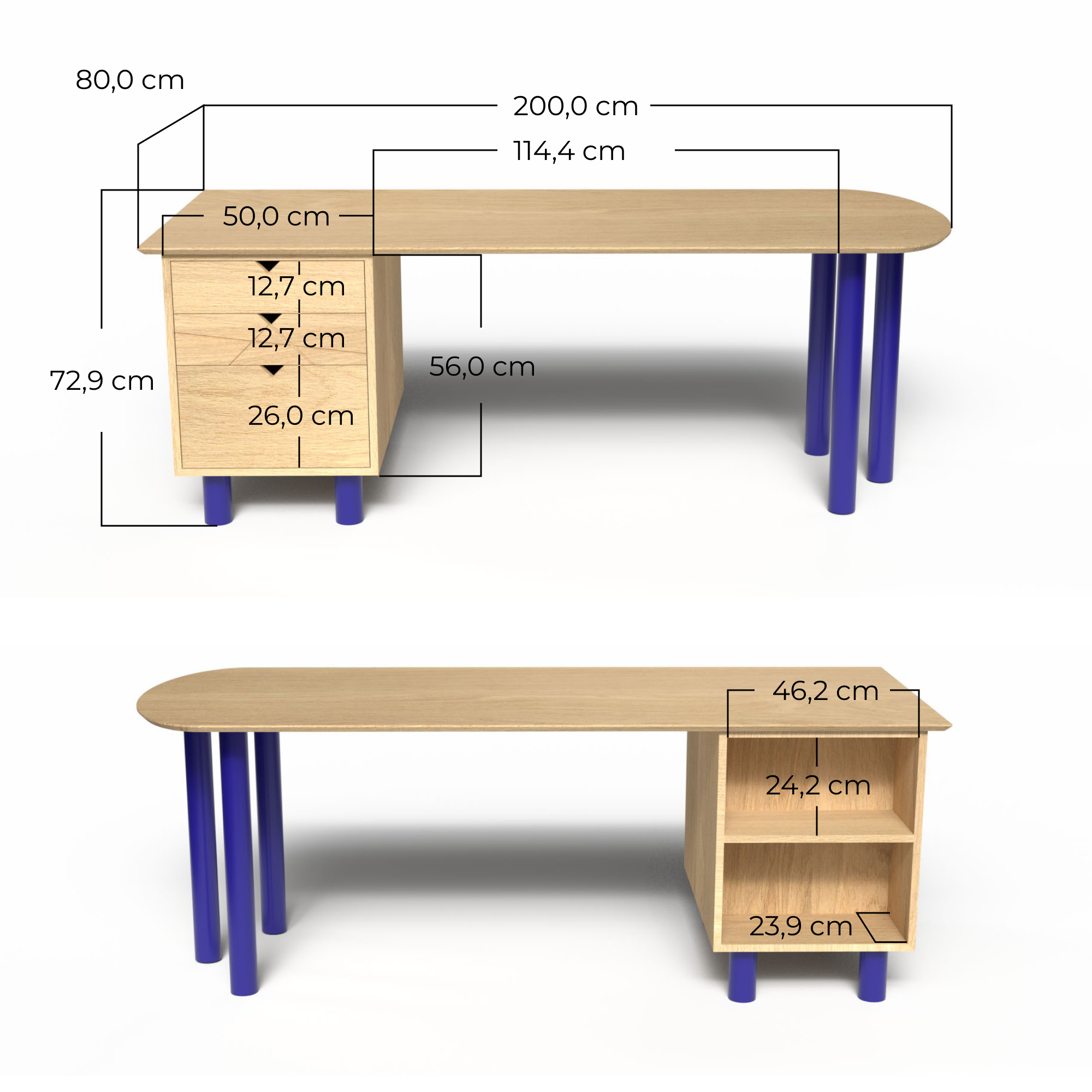 Dimensions détaillées du bureau médical Praticien Plan technique double face du bureau montrant les dimensions du plateau (200x80 cm), la hauteur de 72,9 cm, et le détail précis des tiroirs praticien et des niches patient.