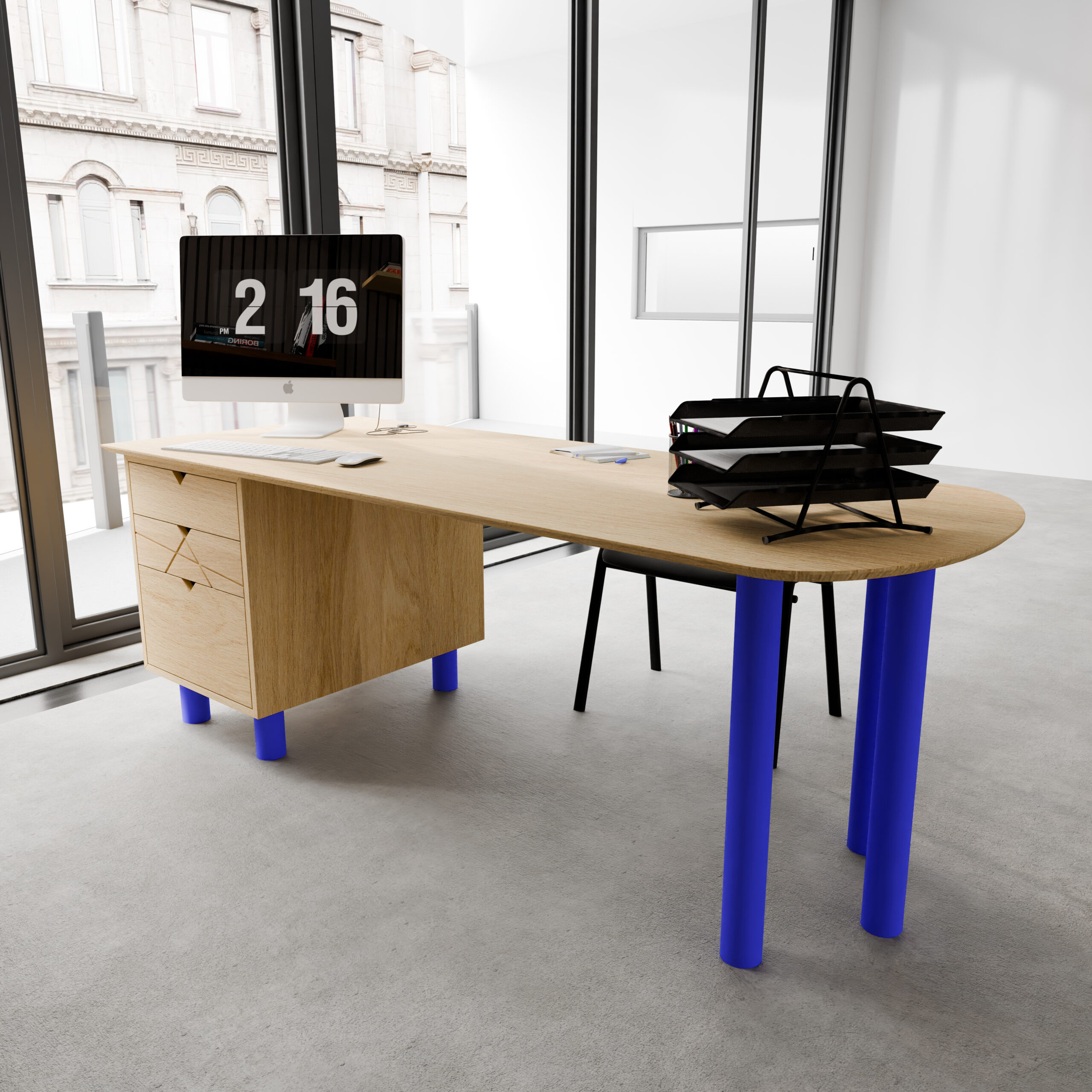 Bureau design pour cabinet médical avec plateau arrondi Vue en perspective soulignant l'extrémité arrondie du plateau de 200 cm en chêne clair et le module de rangement avec façade géométrique éclatée.