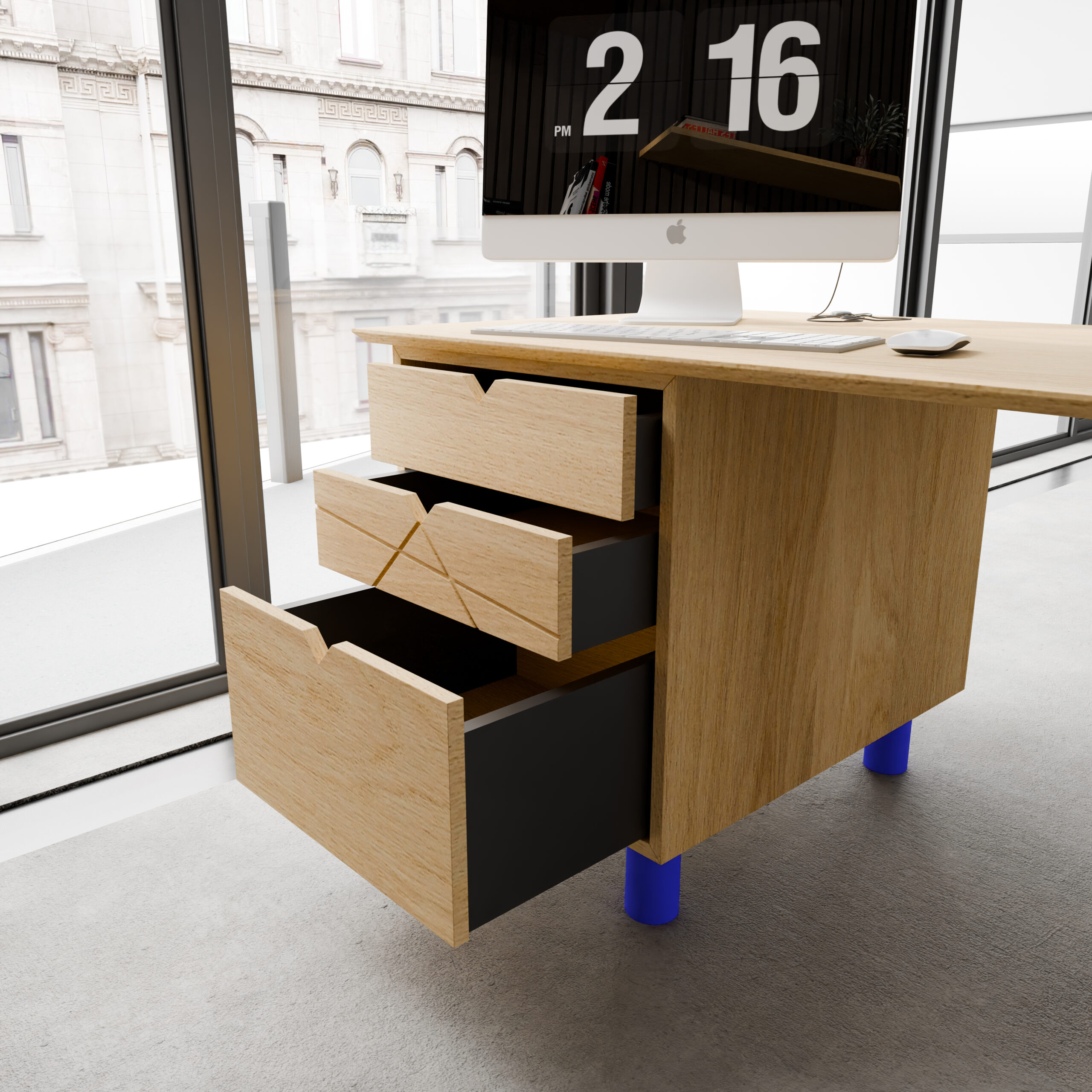 Système de tiroirs compartimentés pour matériel médical Zoom sur les trois tiroirs ouverts du bureau (deux de 12,7 cm et un de 26 cm) montrant l'intérieur gris anthracite et la poignée encastrée design.