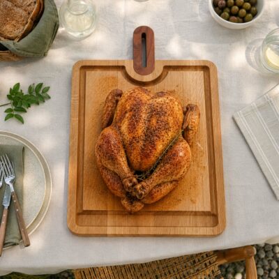 planche pour poulet rotis en chêne massif et noyer